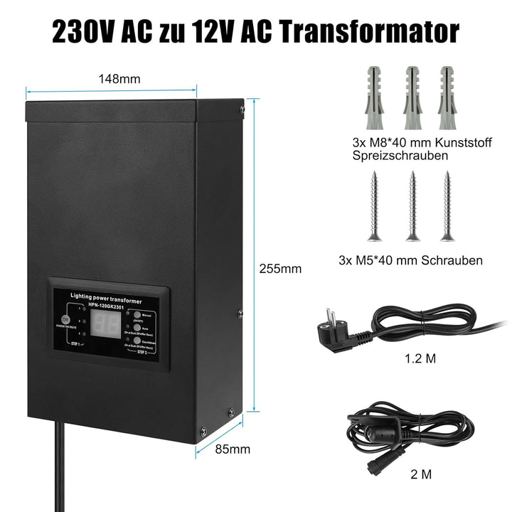 COOLWEST LED Transformator 120W mit Lichtsensor, LED Trafo 230V AC auf 12V AC mit Timer, Transformat