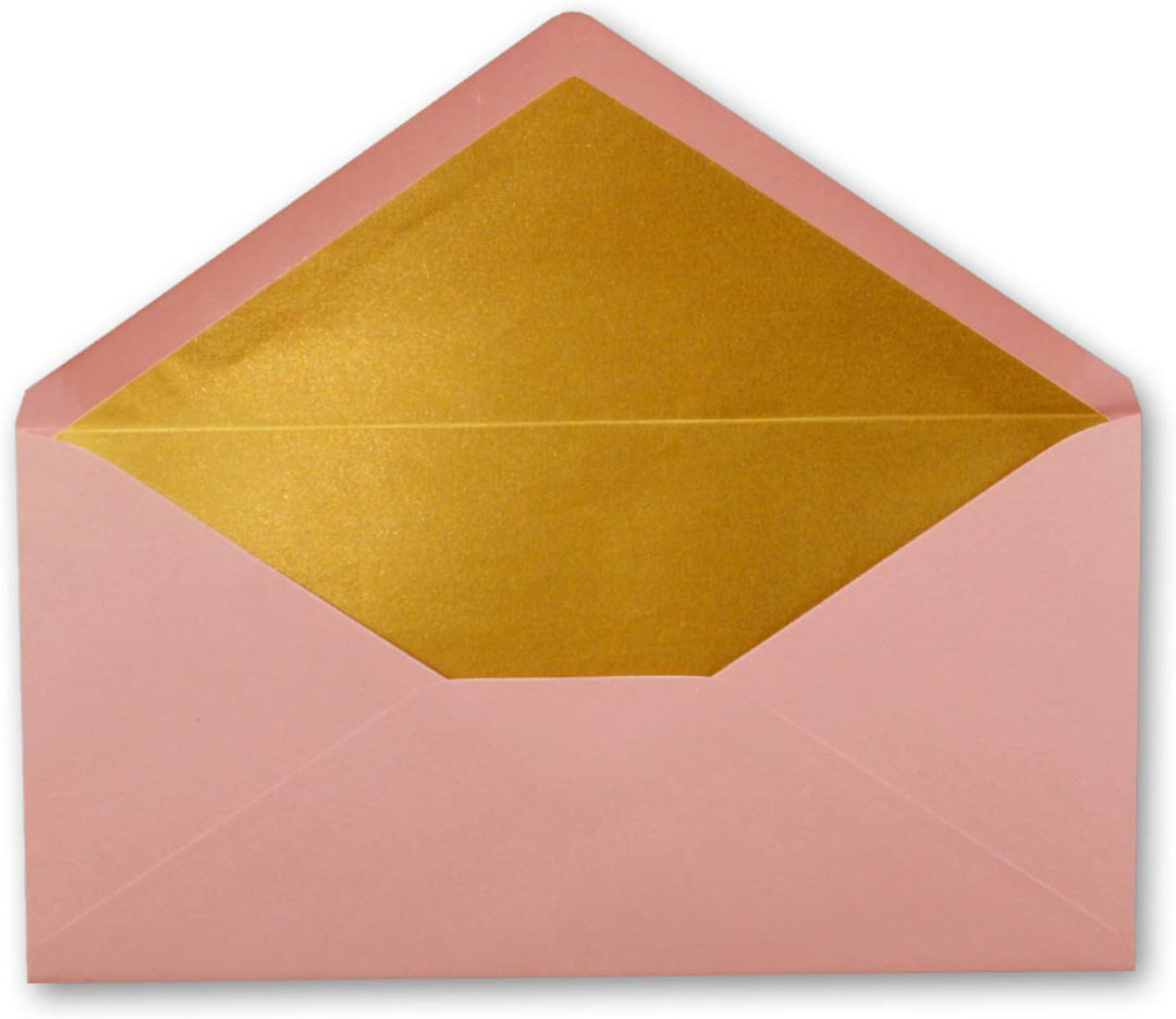 100 Brief-Umschläge DIN Lang - Altrosa (Rosa) mit Gold-Metallic Innen-Futter - 110 x 220 mm - Nasskl