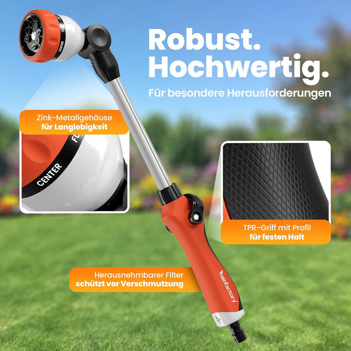 rainfactory Giessstab 45cm - Gartenbrause mit Stiel & 8 Sprühbildern - 180° drehbare Giesslanze mit