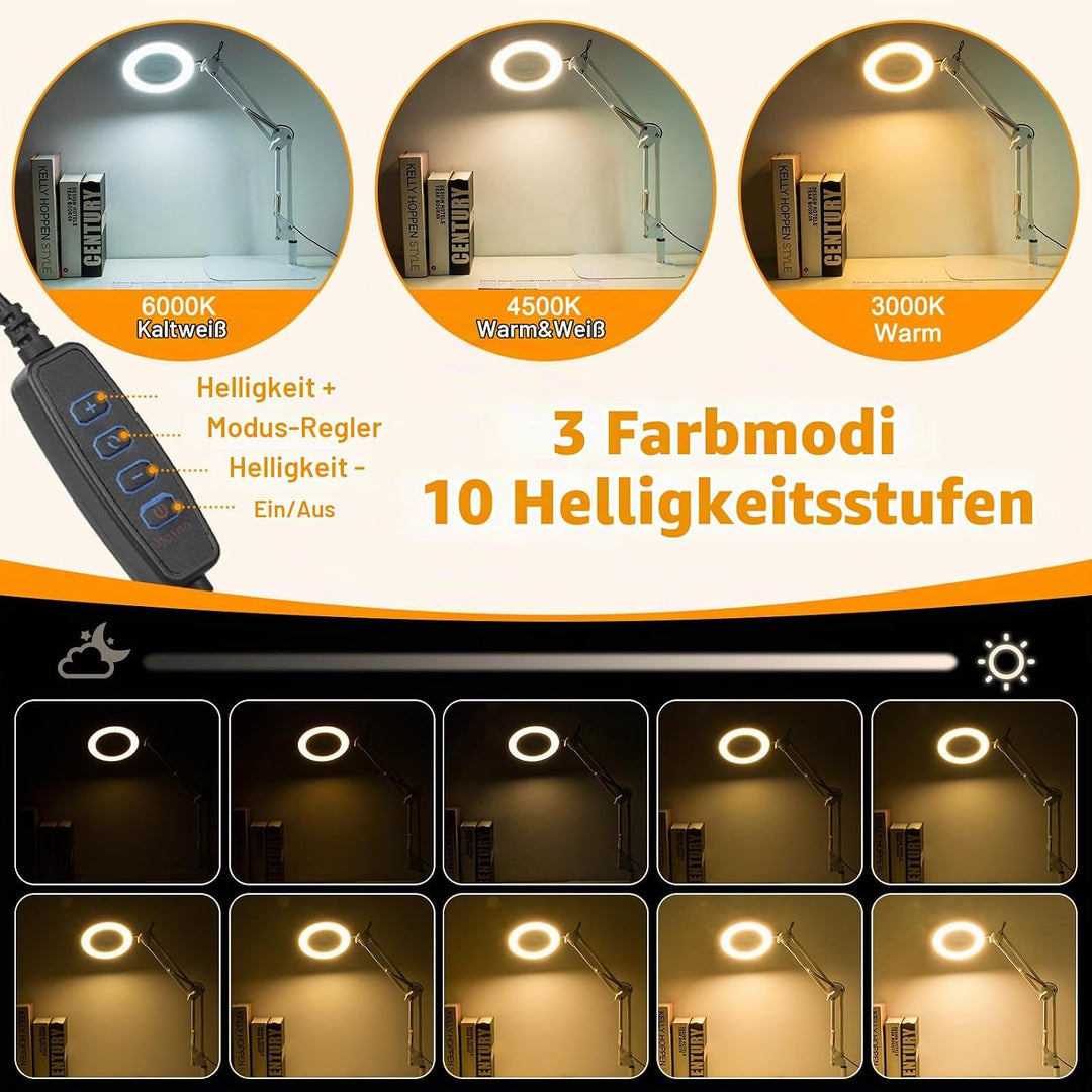 2-in-1 Lupe mit Licht und Ständer, Jubor 15X 10X LED Lupenleuchte mit Klemme und Basis, Schreibtisch