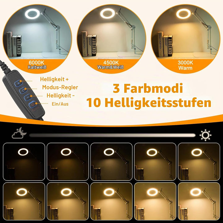 2-in-1 Lupe mit Licht und Ständer, Jubor 15X 10X LED Lupenleuchte mit Klemme und Basis, Schreibtisch