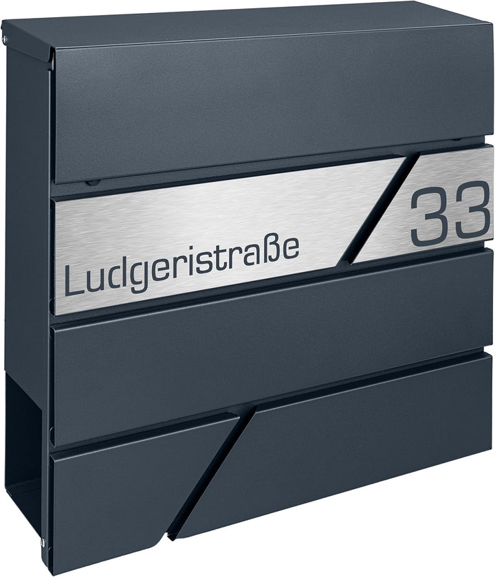 Briefkasten mit Zeitungsfach in Anthrazit, Edelstahlbriefkasten, Wandbriefkasten Briefkasten mit Sch