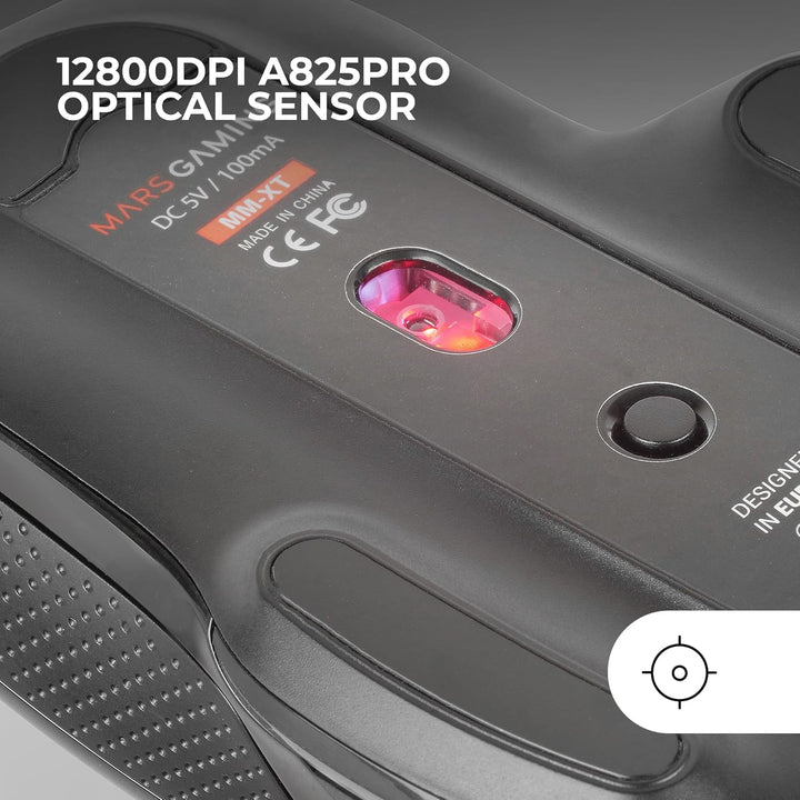 Mars Gaming MMXT, RGB-Gaming-Maus, Ergonomisches Design mit Daumenauflage, 12800DPI Optischer Sensor