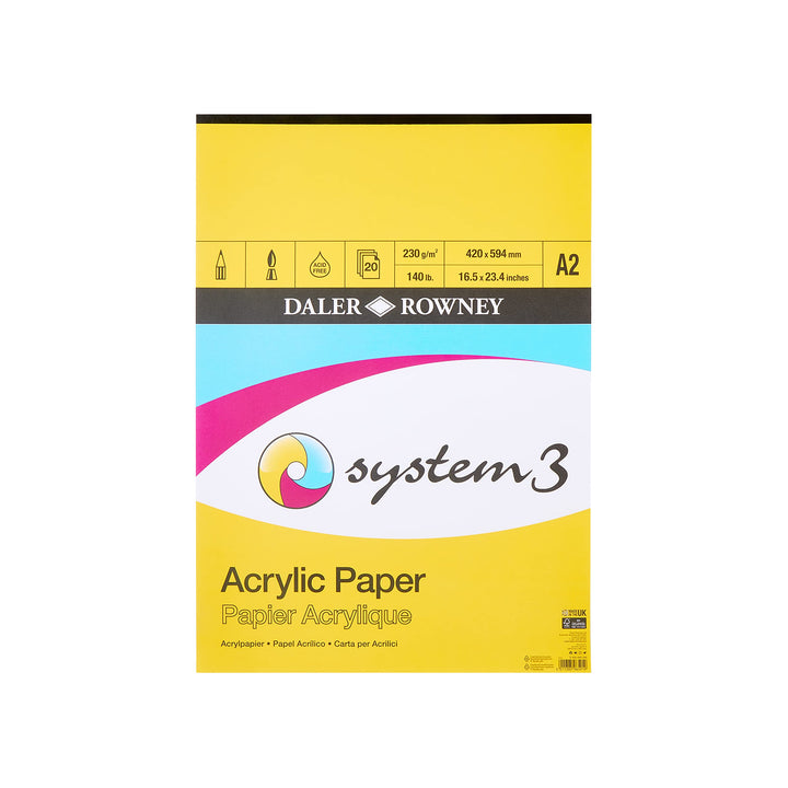 Daler-Rowney System3 Acrylpapier, Leinenstruktur, 230 g/m², A2, einseitig geklebt, 20 weisse Blätter