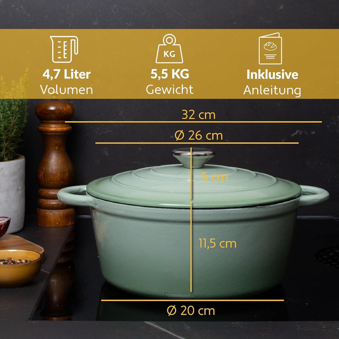 Chefarone Gusseisen Topf 26 cm 4,7 L emailliert - Schmortopf mit Deckel Induktion - Gusseisen Bräter