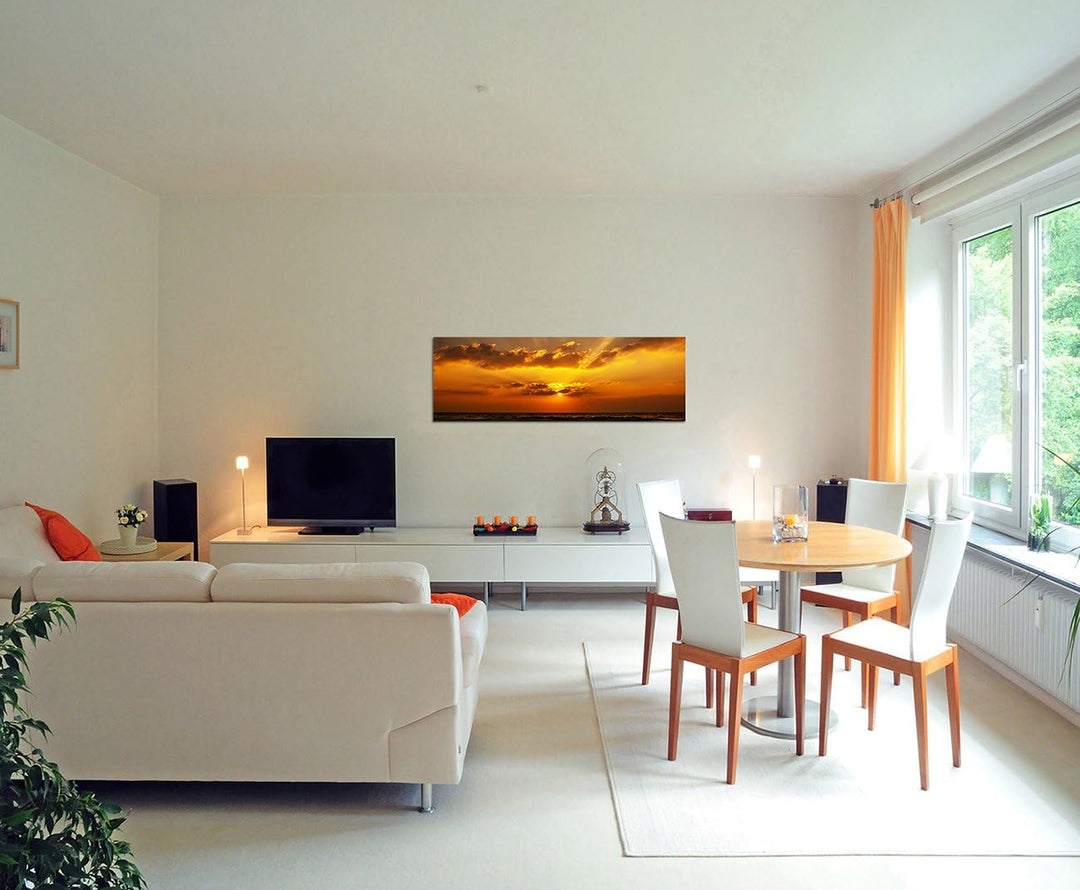 Paul Sinus Art Panoramabild auf Leinwand und Keilrahmen 150x50cm Sonnenaufgang Meer Wolkenhimmel