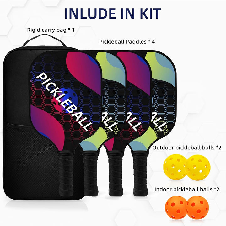 Pickleball Set, Fiberglas Pickleball Schläger Paddle Set mit 2/4 Schlägern, 4 Bällen & 1 Tragetasche