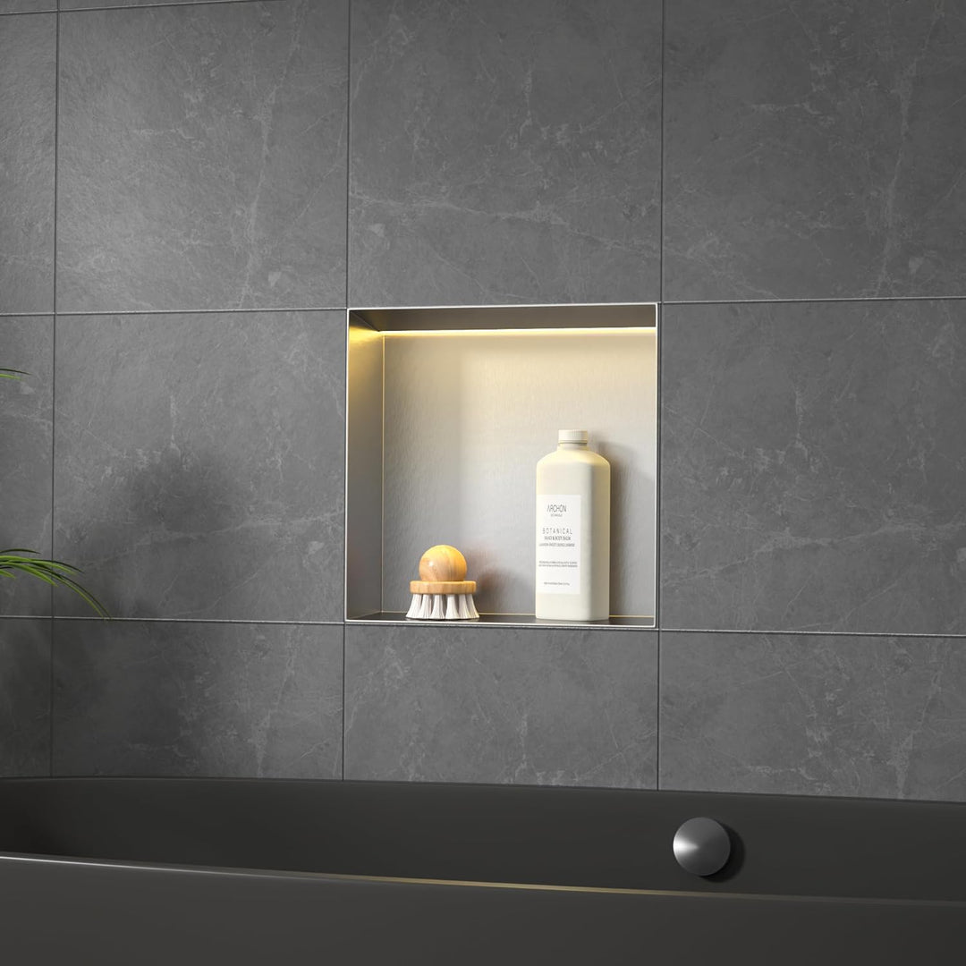 Wandnische Dusche Edelstahl, wasserdichte Nische mit LED-Licht, Eingebettete Duschnische 30x30x10cm,