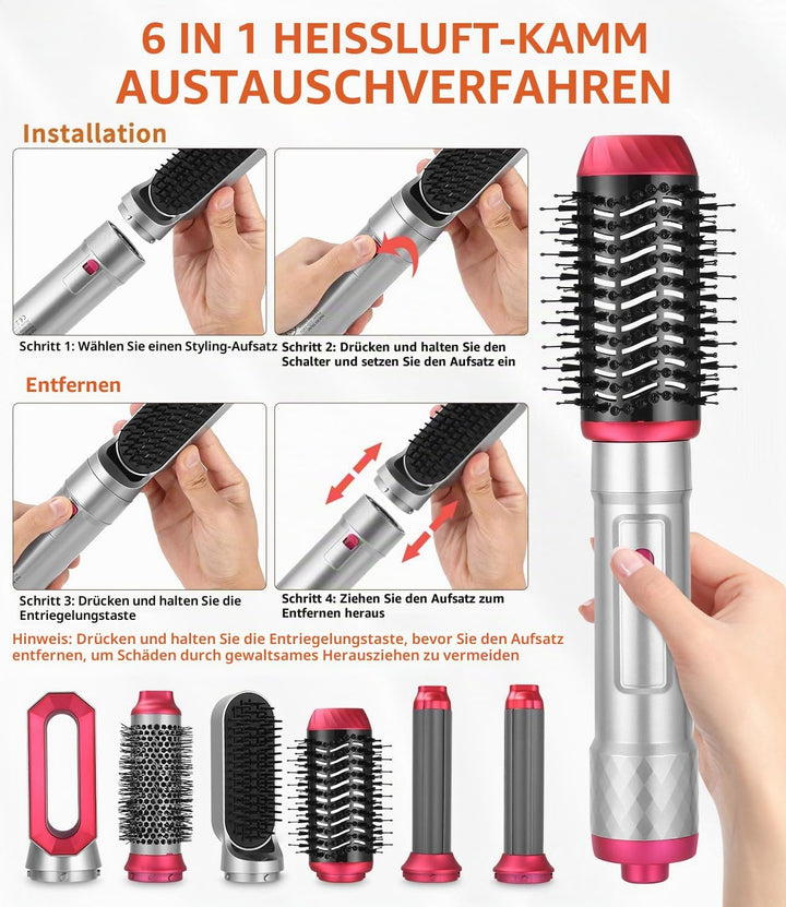 Haarstyler 6 in 1,Warmluftbürste mit 1000W Haarföhn,Lockenstab,Warmluftbürste,Rundbürstenföhn,Glättb