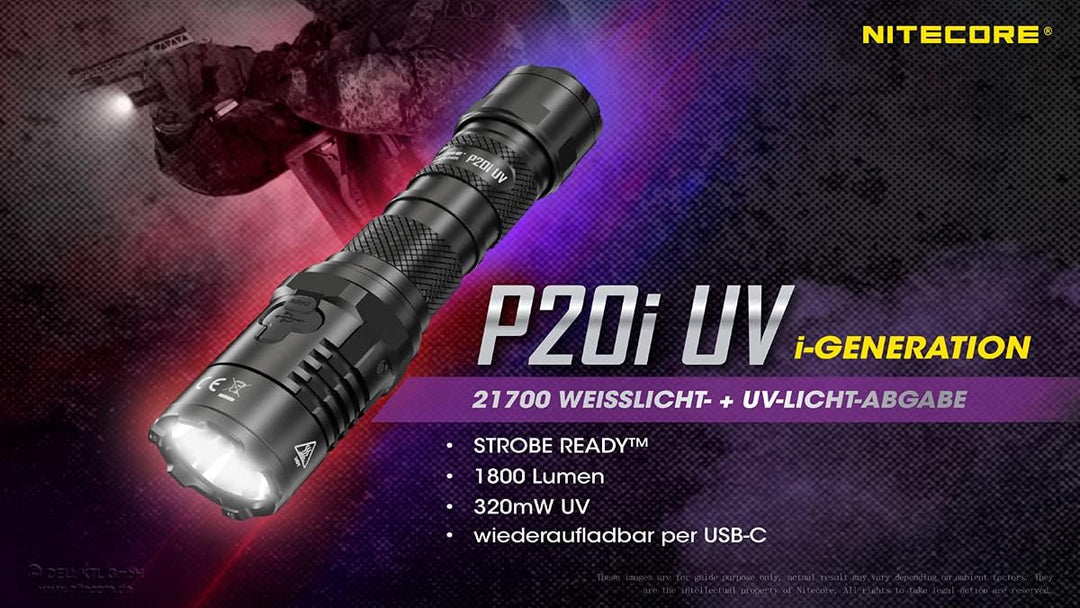 Nitecore Taschenlampe P20i UV - Taktische Akku-Taschenlampe mit 1.800 Lumen & UV-Licht - USB-C aufla