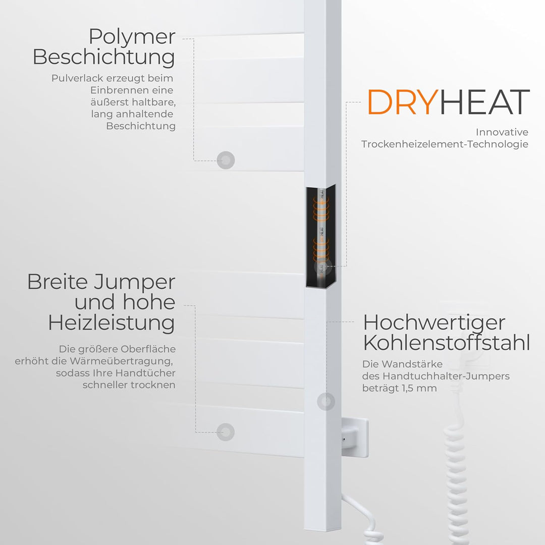 Elektrischer Handtuchhalter White Velvet Largo 500x1000 mit Sensor Rechts - Elegante Weisse Oberfläc