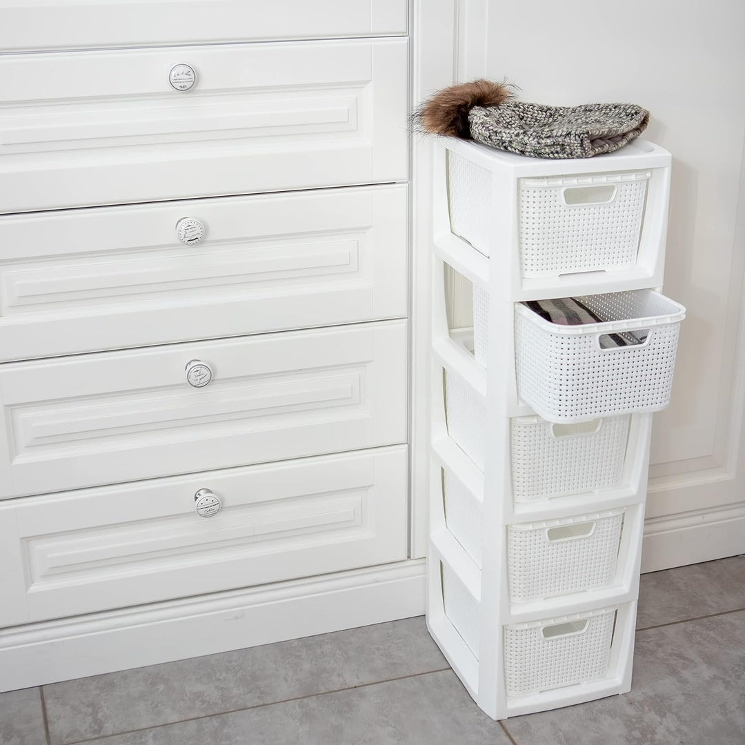 BranQ - Home essential Regal in Rattan Design, BPA-freie Kunststoff PP, Weiss, 29,5 x 24 x 80 cm, 5