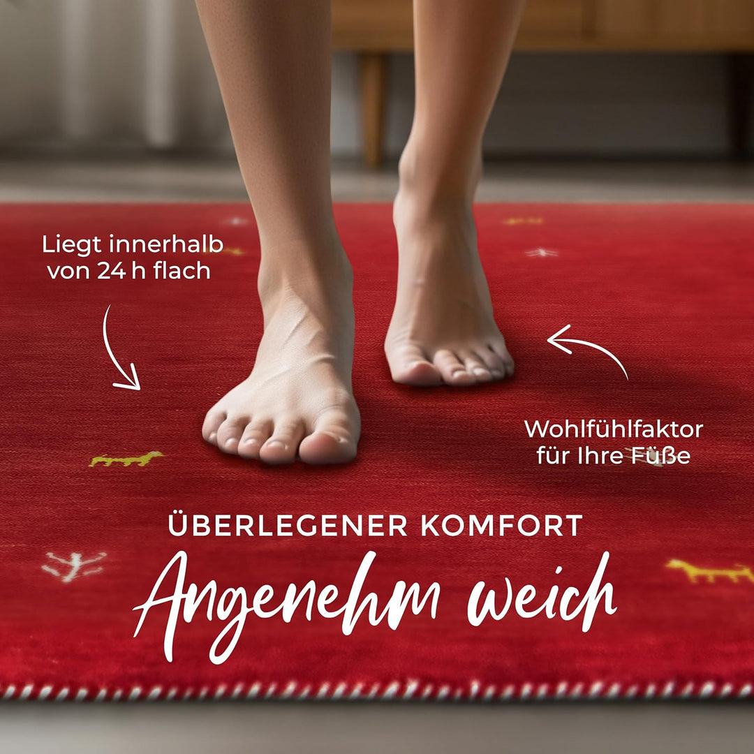carpetfine Wollteppich Gabbeh Uni Rot 60x90 cm | Moderner Teppich für Wohn- und Schlafzimmer Rot 60