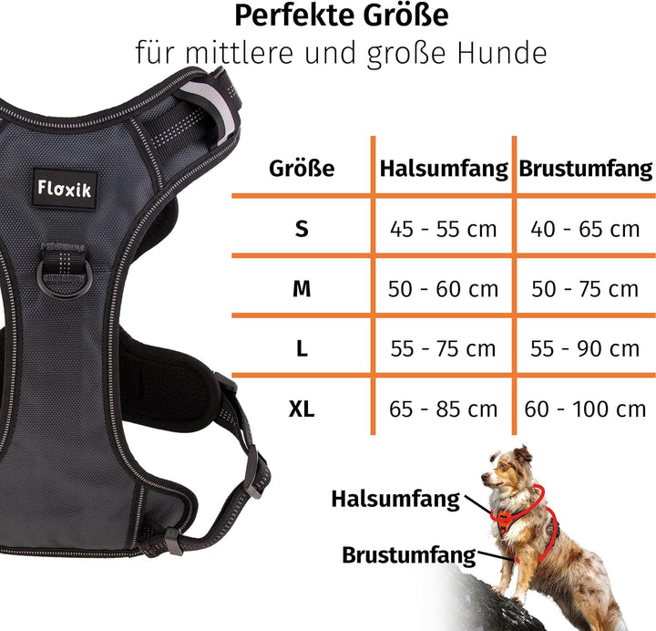Floxik Hundegeschirr grau L | Anti Zug Brustgeschirr reflektierend &amp; gepolstert mit Haltegriff für m