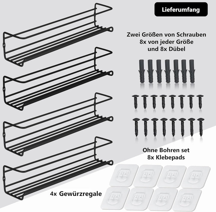 Deco haus® Gewürzregal Wand ohne Bohren - Gewürzregal Hängend 4er Set - Gewürzregale Ohne Bohren Sch
