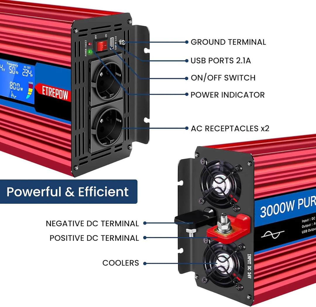 ETREPOW Spannungswandler 3000w 24v Auf 230v Reiner Sinus Wechselrichter mit 2 EU-Steckdose und Einer