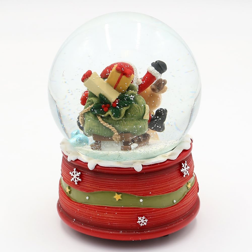 Schneekugel Fröhlicher Weihnachtsmann mit Rentier auf weihnachtlichen Sockel, mit Spielwerk, Melodie
