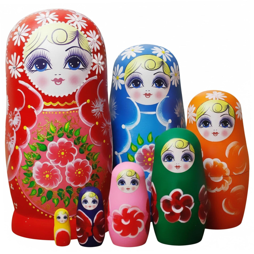 Set mit 7 russischen Nistpuppen, Matroschka-Puppe aus Holz mit Sonnenblumenmuster für Kinder und Erw