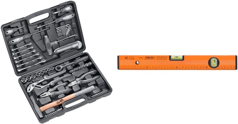 kwb Werkzeugkoffer aus robustem Hartkunststoff & CON:P Wasserwaage, Leichtmetall, 2 Libellen, Stossk