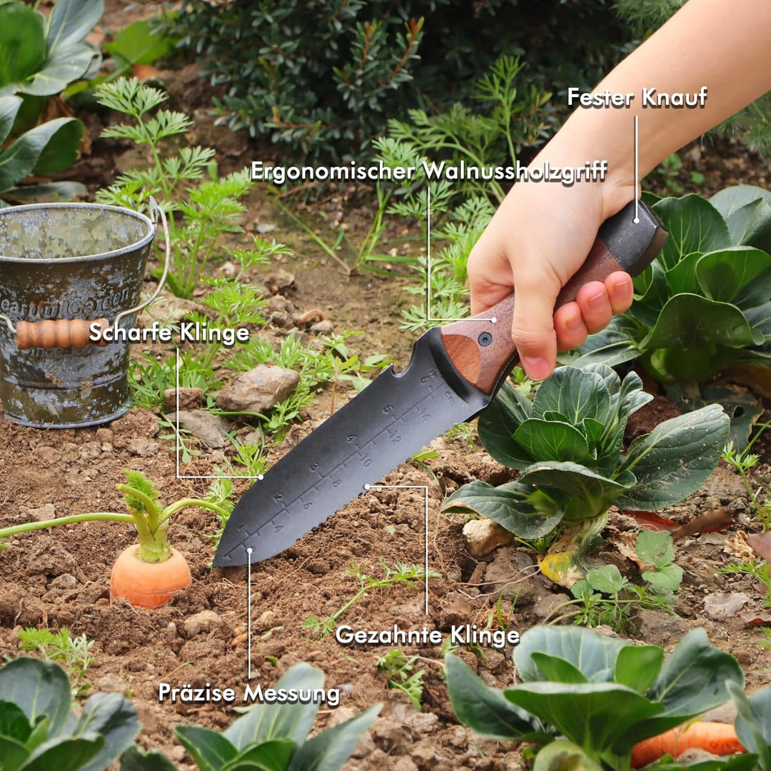 RESTMO Hori Hori Gartenmesser, Doppelseitige Edelstahlklinge mit Sägezahnung, Tiefenskala & Nylonsch