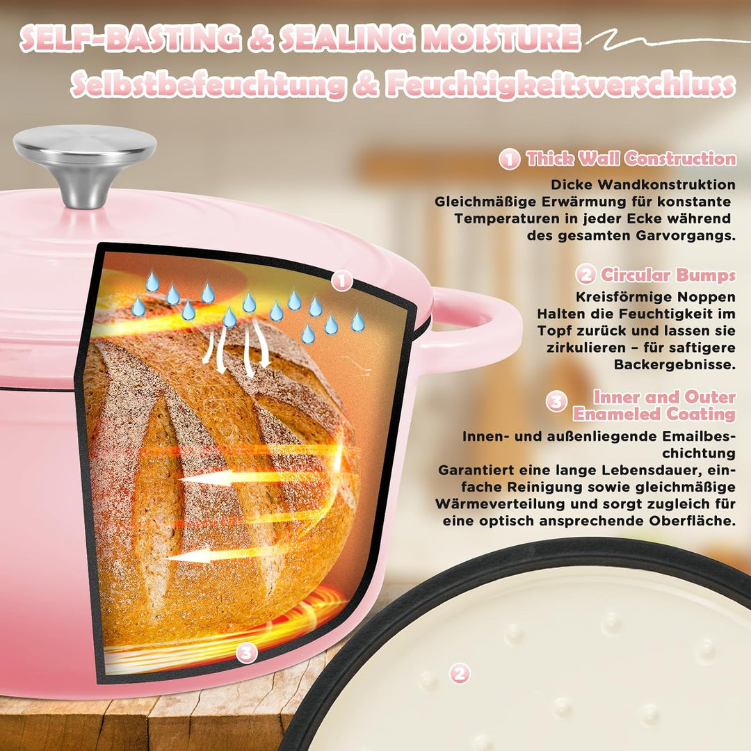 NZQXJXZ 26cm Gusseisen Topf Brot Backen 4,7L, Emaille Brotbackform mit Deckel &amp; Garkorb Komplettset,