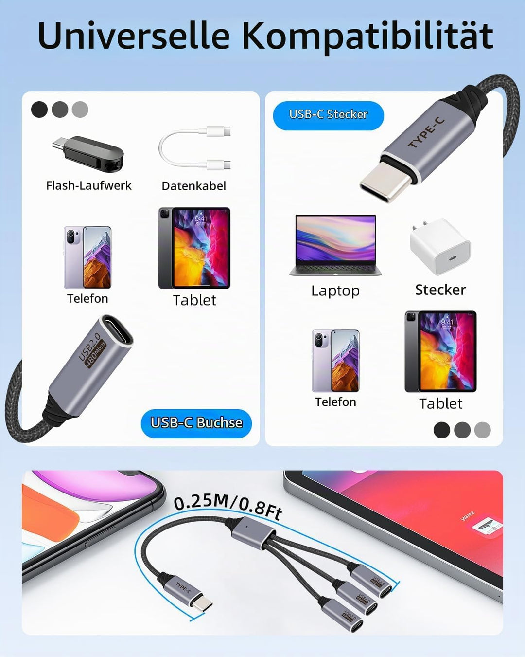 USB C Splitter 3 Port 1 Stecker auf 3 Buchse, 1 in 3 Ausgang USB C Extender Hub Daten und Stromverso