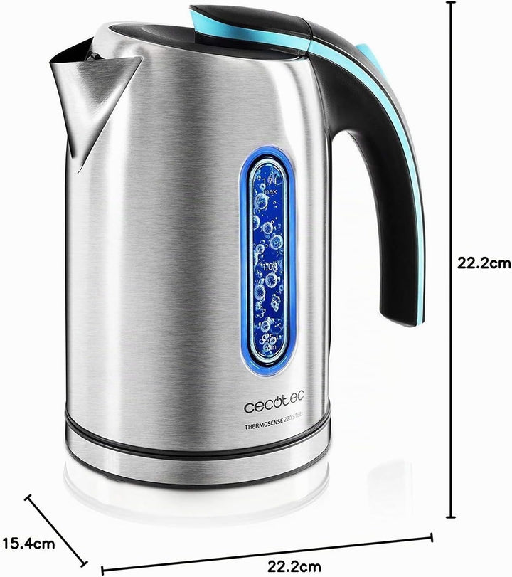 Cecotec elektrischer Wasserkocher TermoSence 220 STeel, 1.2 Liter, BPA-frei, rostfreier Stahl, Anti-