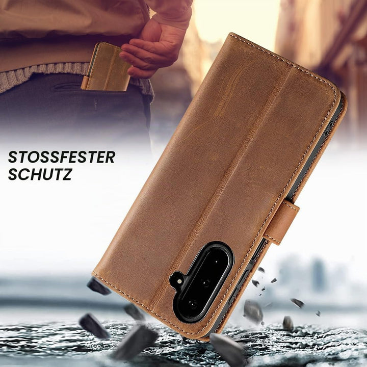 LENSUN Lederhülle für Samsung Galaxy A17 5G, Echtleder Hülle [Kartenfach][RFID Schutz][Echtes Leder]