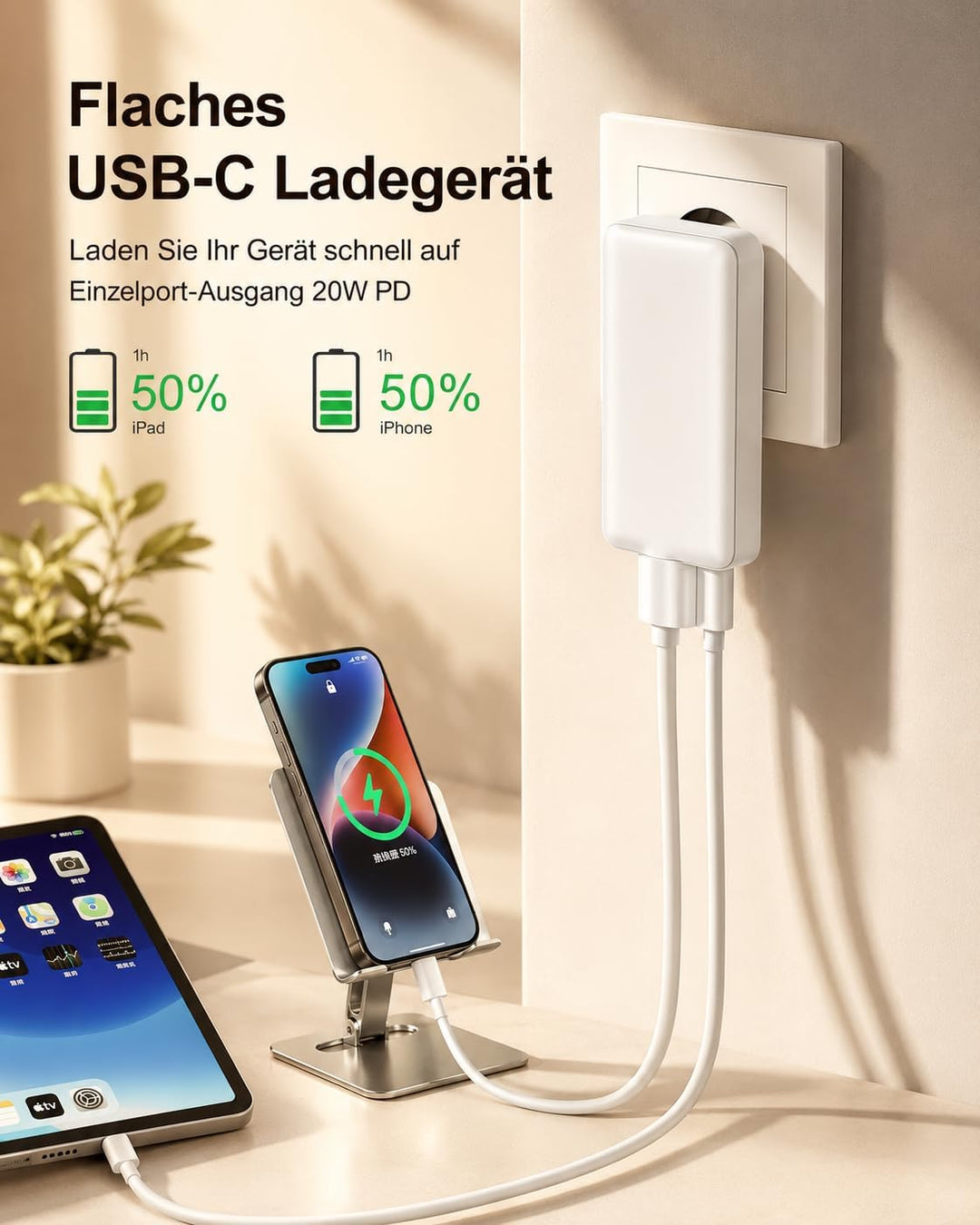 USB Ladegerät Flach,3 Ports USB C Stecker Abgewinkelt,Flaches Netzteil mit 20W PD Schnellladegerät,F
