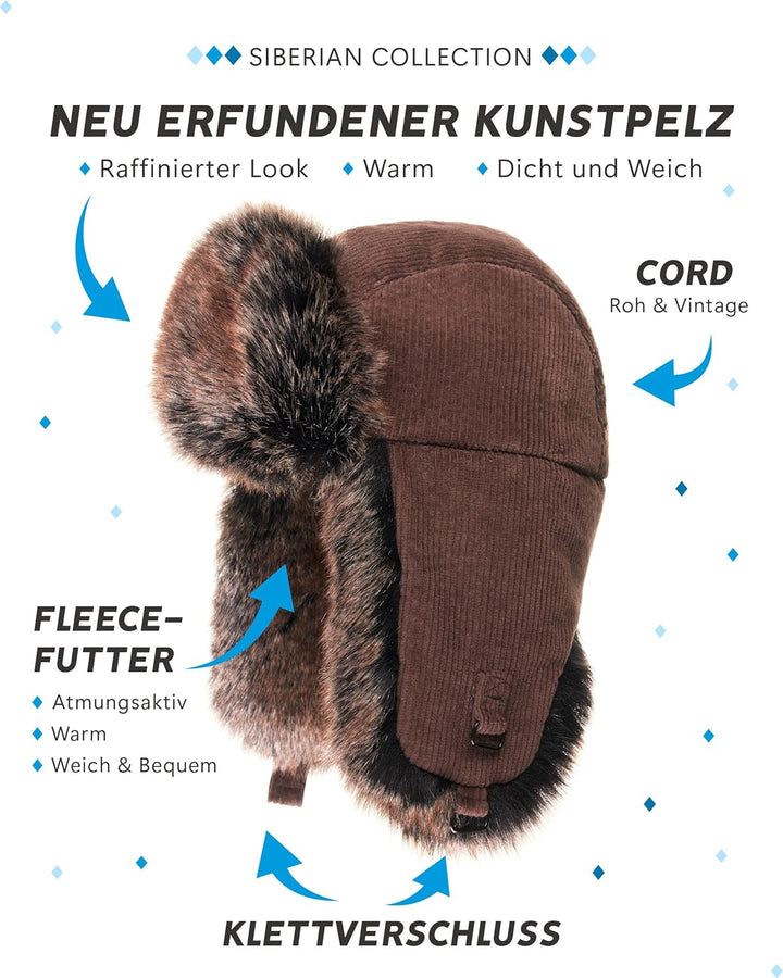 Futrzane Trappermütze aus Cord - Ushanka Herren - Fell Mütze mit Ohrenklappen S Braun - Braun Siberi