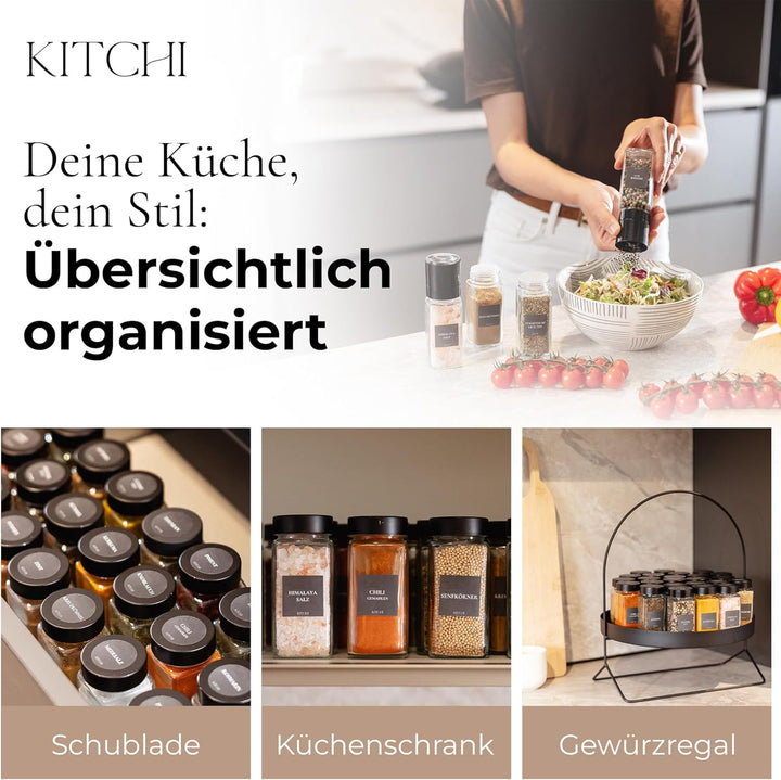 KITCHI Gewürzgläser 24er Set mit 2 Mühlen – schwarze Deckel Schwarz + 2 Mühlen, Schwarz + 2 Mühlen