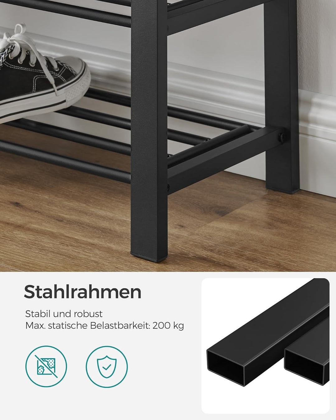 SONGMICS Schuhbank, Schuhregal mit 3 Ebenen, Schuhaufbewahrung, Sitz mit Schaumstoffpolsterung, Lein