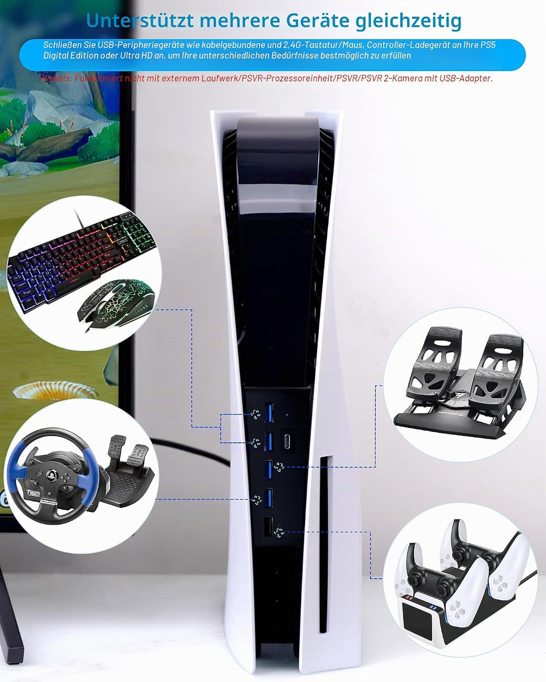 5-Port USB Hub für PS5 Konsole, Arvin USB 3.1 Schnelle Geschwindigkeit Laden Ladeadapter mit 4 USB-2