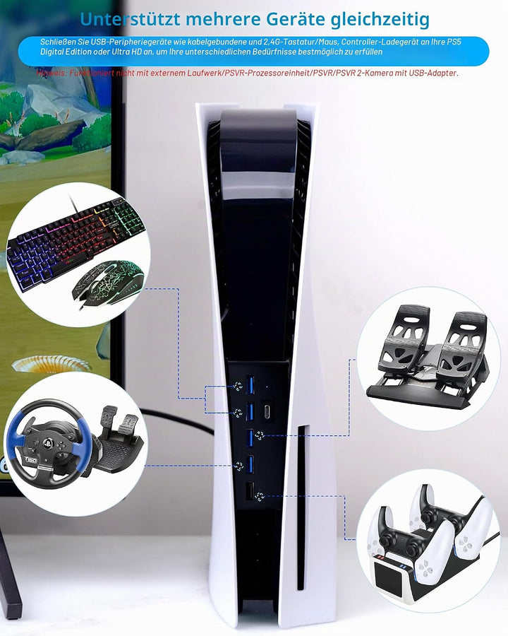 5-Port USB Hub für PS5 Konsole, Arvin USB 3.1 Schnelle Geschwindigkeit Laden Ladeadapter mit 4 USB-2