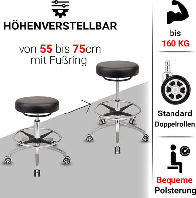 Staboos Rollhocker bis 160 kg - Rundsitz mit Ringauslösung - Drehhocker (Rollen und Fussstütze) Prax