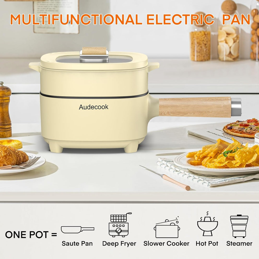 Audecook Elektrischer Hot Pot mit Dampfgarer, 2L/20cm Antihaft Elektropfanne mit Keramikglasur, Trag
