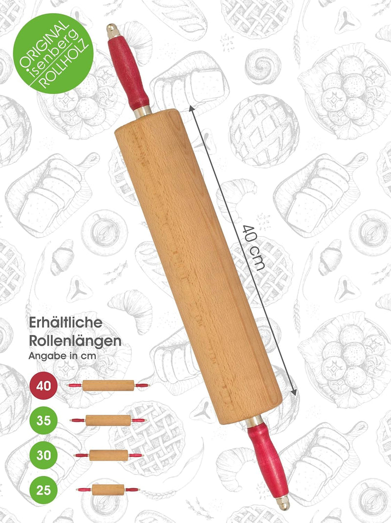 isenberg® Profi Rollholz - aus einem Stück Buchenholz - Kugelgelagert (40 cm) (Nudelholz, Teigrolle,