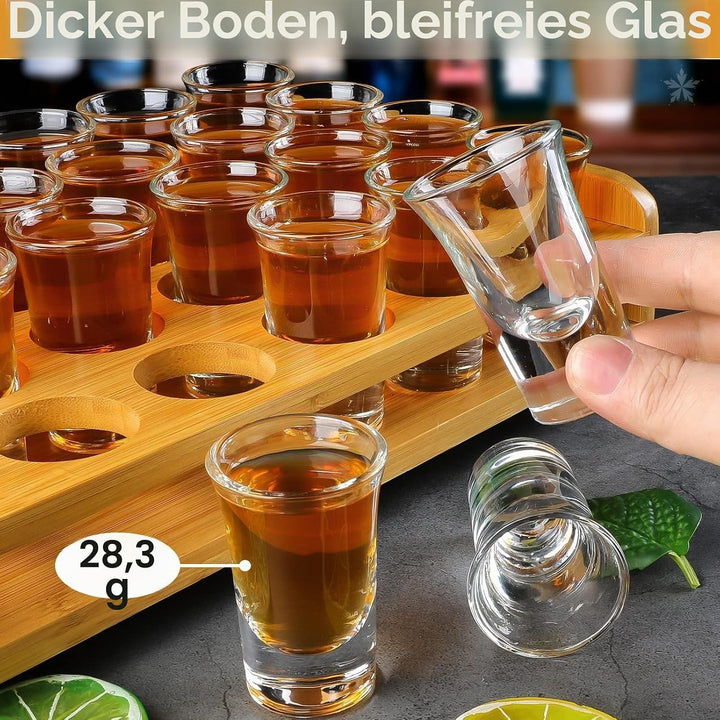 Schnapsglas-Set, 24 Stück, 30 ml, Schnapsglas-Halter, dicker Boden, klares Glas für Party, Club, Bar