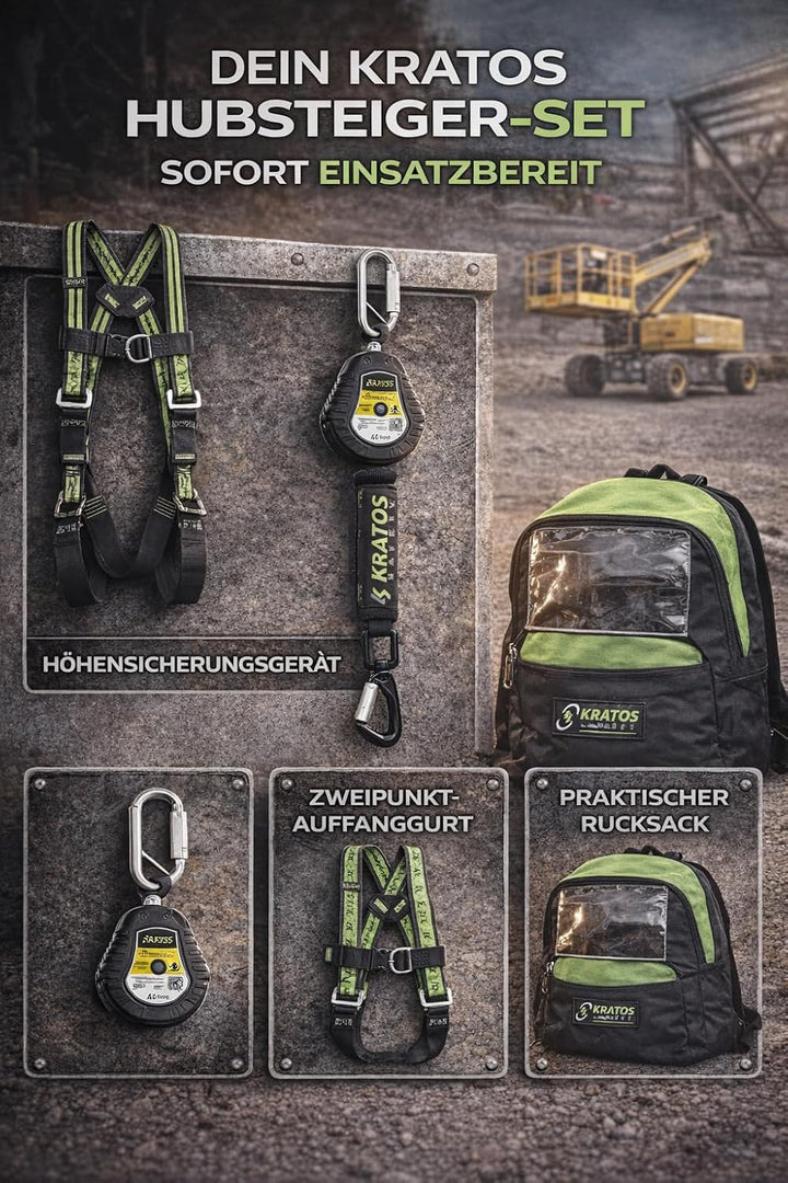 Kratos Safety Hubsteiger Sicherheitsset, Fallschutz-Set mit Gurt EN361, Höhensicherungsgerät, Rucksa