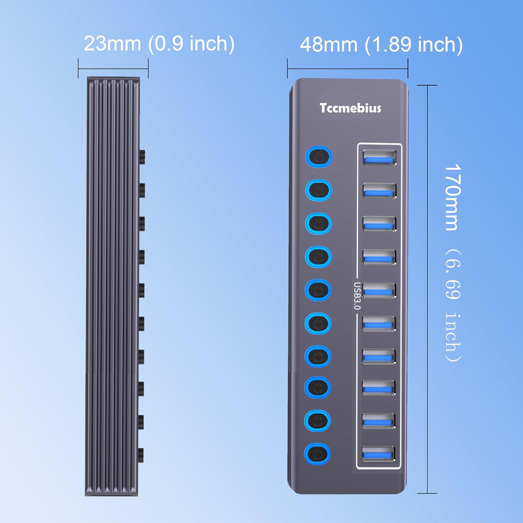 USB Hub Aktiv 3.0 mit 36W(12V/3A) Netzteil, 2-in-1 (USB A/C) zu 10 Port USB 3.0 Daten Hub mit Einzel