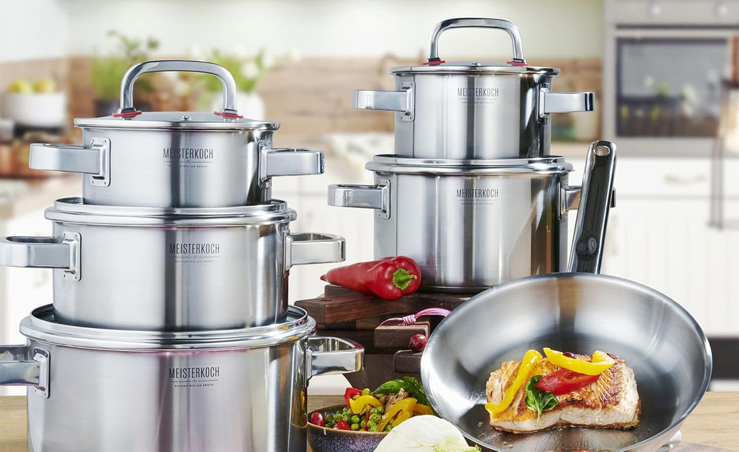 Meisterkoch Topf- & Pfannenset 6-teilig Induktion Edelstahl unbeschichtet | 5 Töpfe mit Glasdeckel u