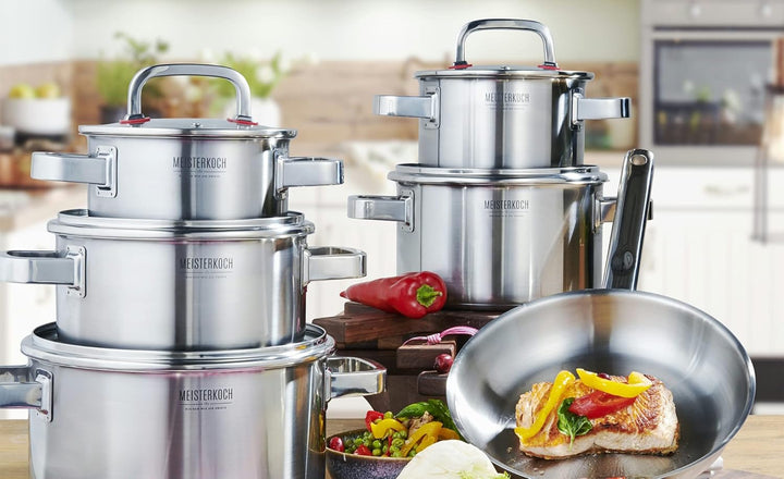 Meisterkoch Topf- & Pfannenset 6-teilig Induktion Edelstahl unbeschichtet | 5 Töpfe mit Glasdeckel u