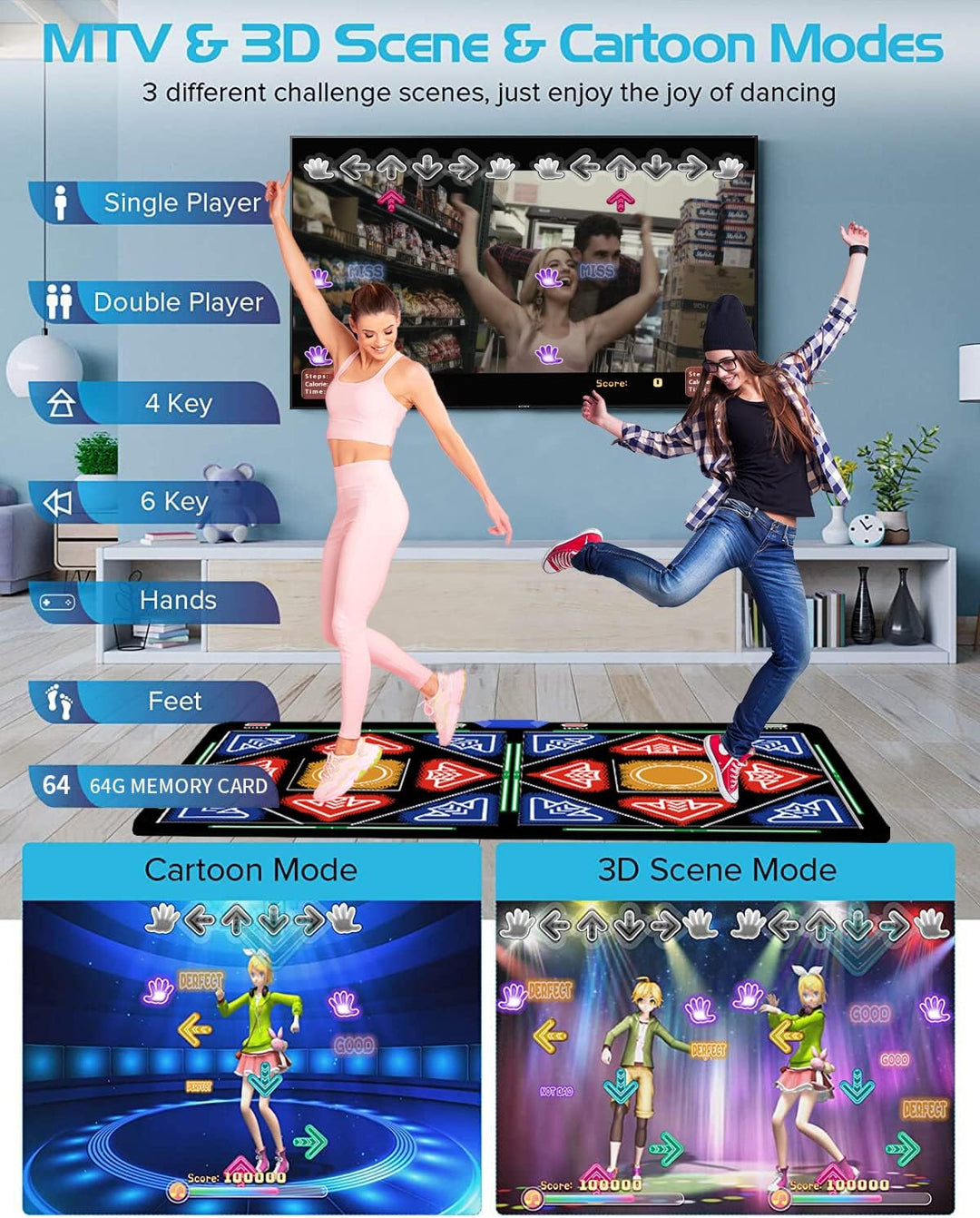 Elektronische Tanzmatte mit Kamera, 64G Speicherkarte,enthält 1030 Spiele, 81 Musikvideos und 650 Li