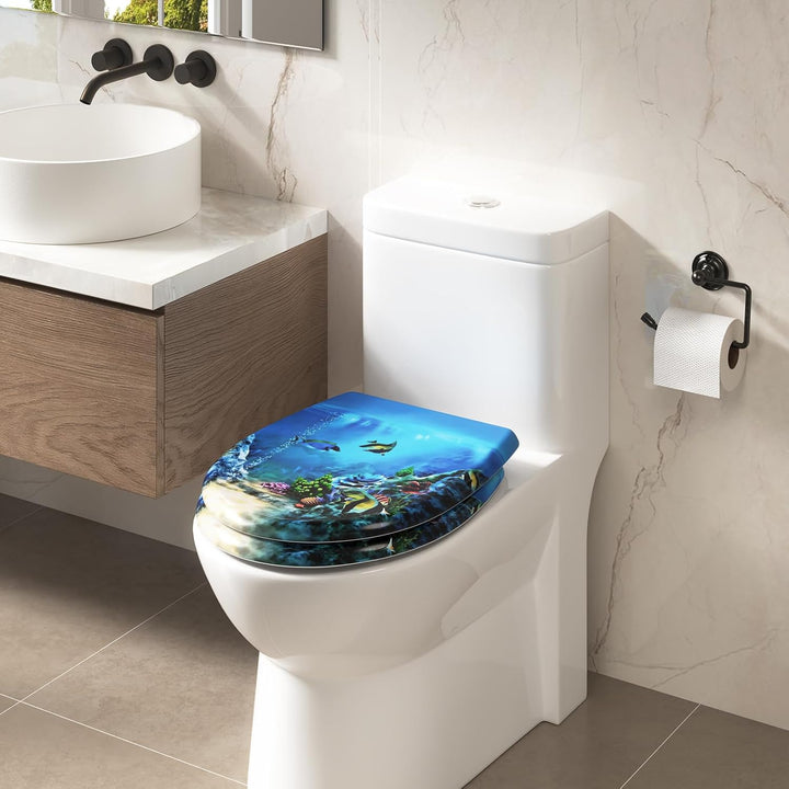 WOLTU Toilettendeckel mit Absenkautomatik Motiv, WC Sitz mit Schnellverschluss, Toilettensitz O Form