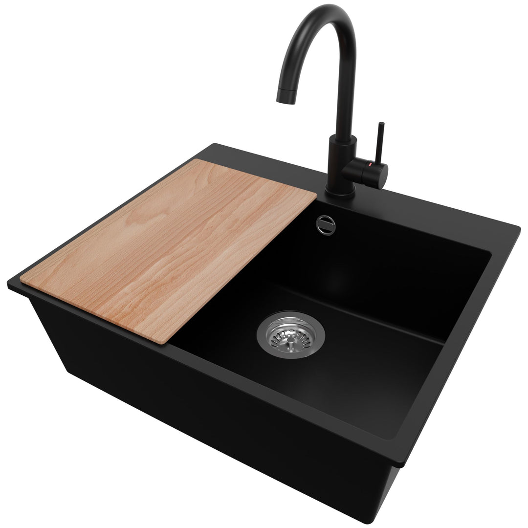 PRIMAGRAN Granitspüle Schwarz 58x50cm, Spülbecken 1 Becken + Ablauf-Set + Küchenarmatur 32x20cm + Sc