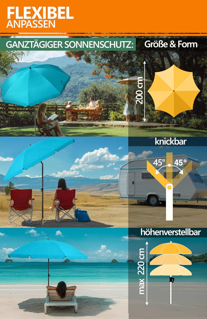4smile SunnyJoy 3-IN-1 Set mit Sonnenschirm Strand in Türkis - Strandschirm windfest stabil 200 cm m