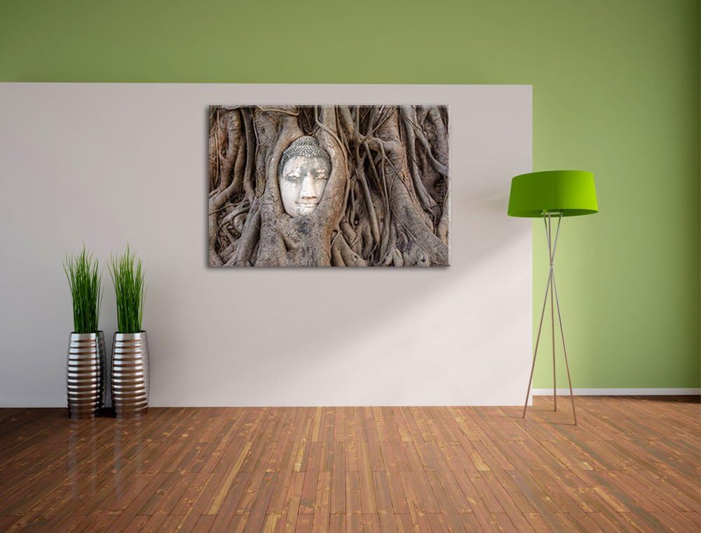 Buddha Kopf verwachsen im Baum Format: 100x70 auf Leinwand, XXL riesige Bilder fertig gerahmt mit Ke