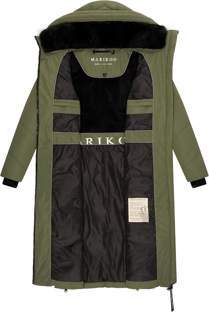 MARIKOO Damen Wintermantel warmer Steppmantel lang mit verstellbarer Kapuze und hohem Kragen Nadaree