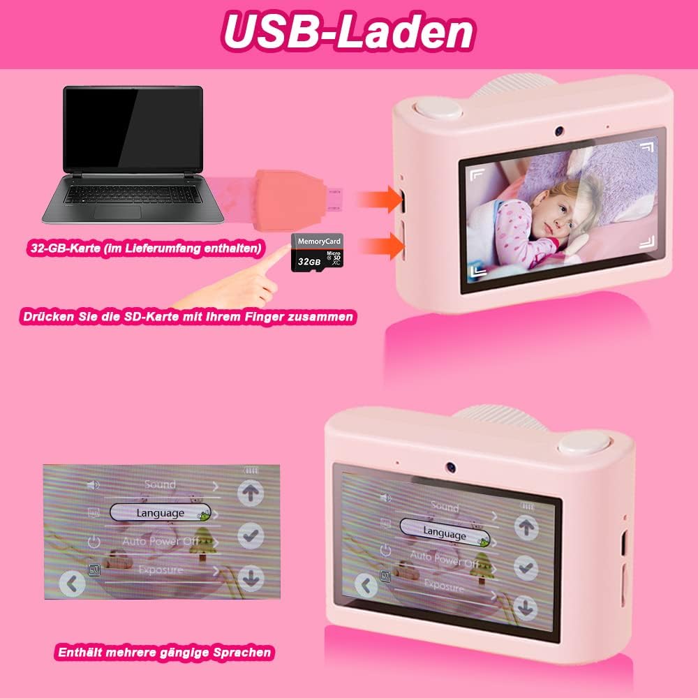 Kinderkamera, 48MP 1080P Sofortbildkamera Kinder mit 2,4 Zoll Touchscreen, Digitalkamera Kinder mit