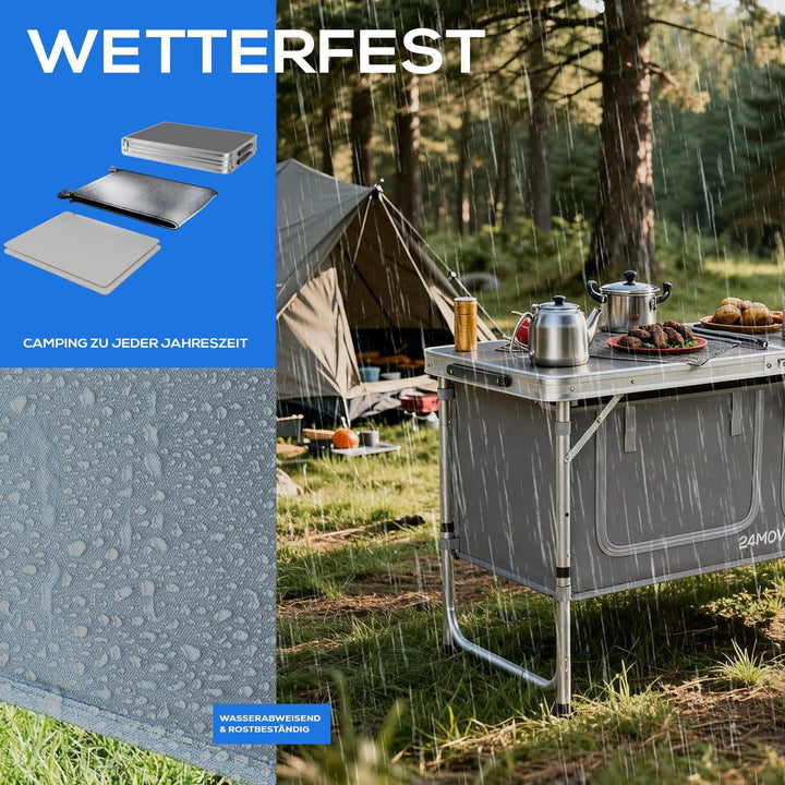 24MOVE® Campingküche faltbar, höhenverstellbarer Campingschrank Alu Reiseküche mit Arbeitsplatte und